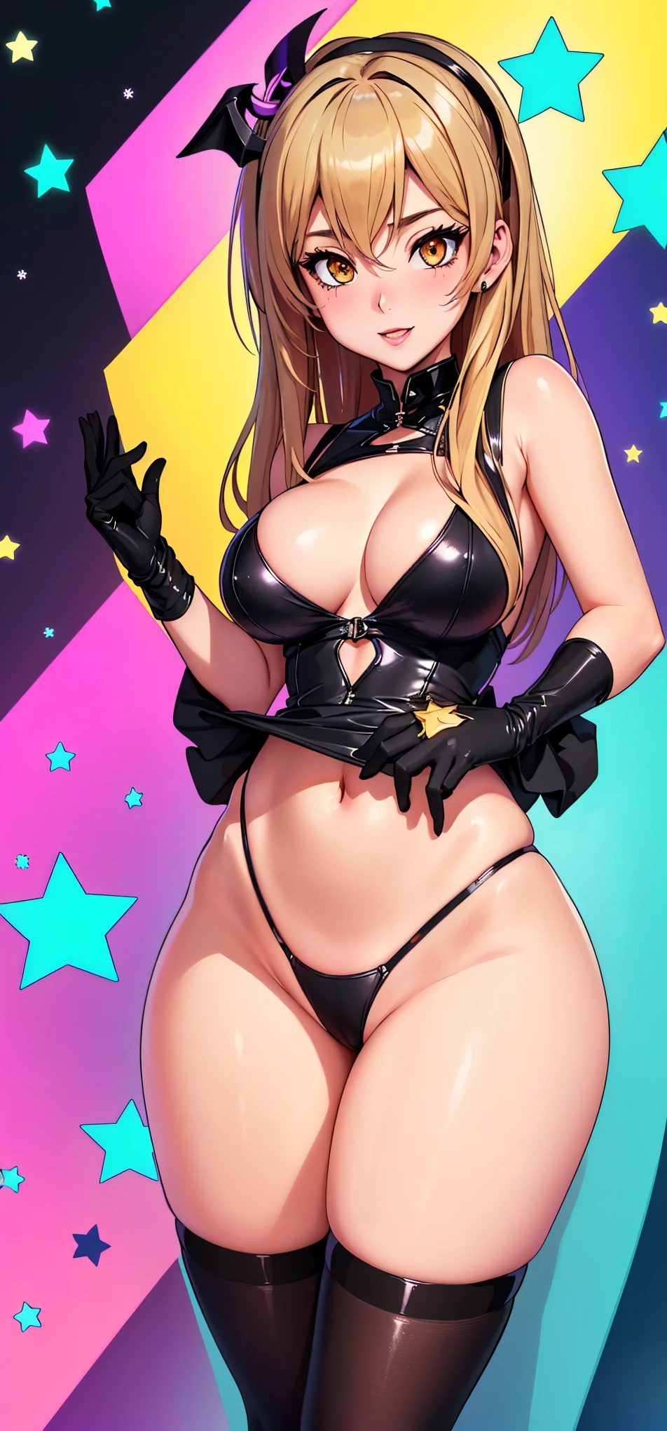 a cartoon picture of a woman in a black outfit and a star, thicc, cutesexyrobutts, oppai cyberpunk, ( ( misa amane # ) ), oc commission, monokini, android 18, misa amane *, commission for high res, lola bunny fanart, ecchi anime style, oppai, anya from spy x family, ((green eyes)), (((character front, side and back view)))