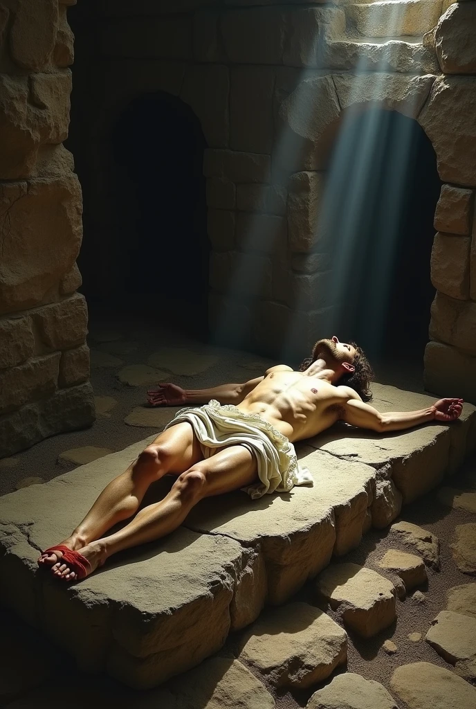 A scene in the painting style of Jan Matejko, showing the body of Jesus lying on his back and placed in the tomb. placed in the tomb. His muscular body is partially covered with a white shroud, and his body bears traces of whipping and torture. Bloody crucifixion wounds are visible on the hands and feet. Visible wound on the left side of the chest. The background is the interior of a stone cave serving as a tomb, whose dark interior is illuminated by a mysterious light creating an interesting chiaroscuro.
