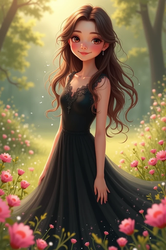2d girl full body  slide left side standing black frock wearing 