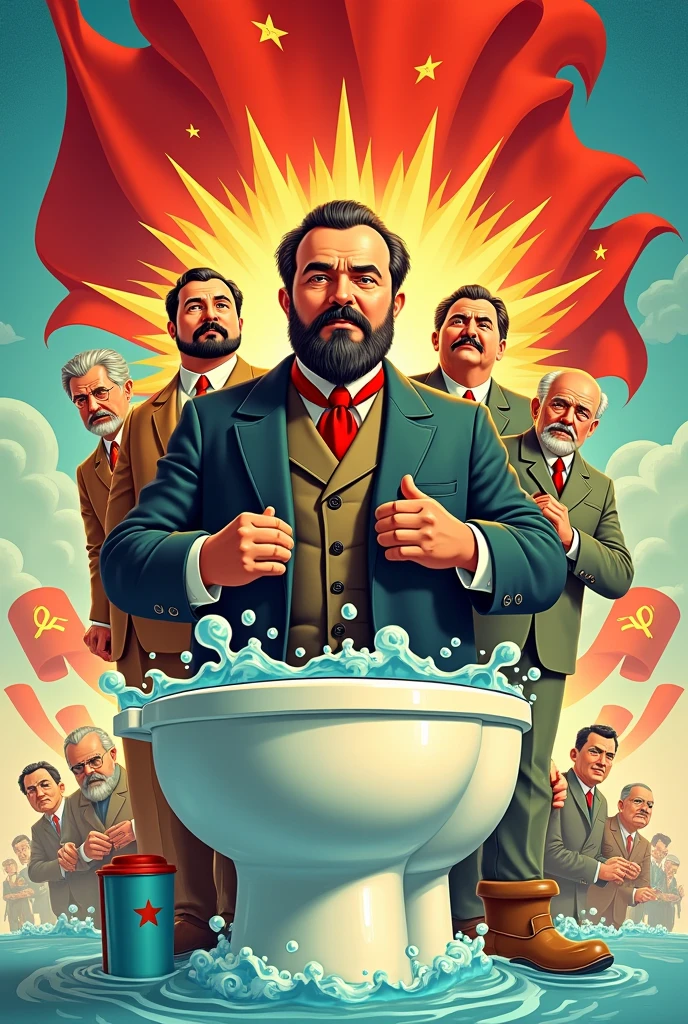 Soviet propaganda poster of communist leaders in skibidi toilet