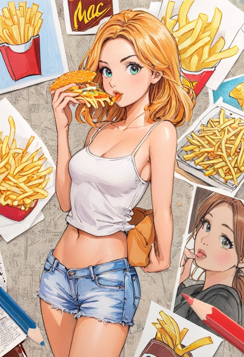  woman，Short Camisole Vest，Holding MAC fries、white，art，，Colored pencil sketch，sketch ，Comic Collage，figure