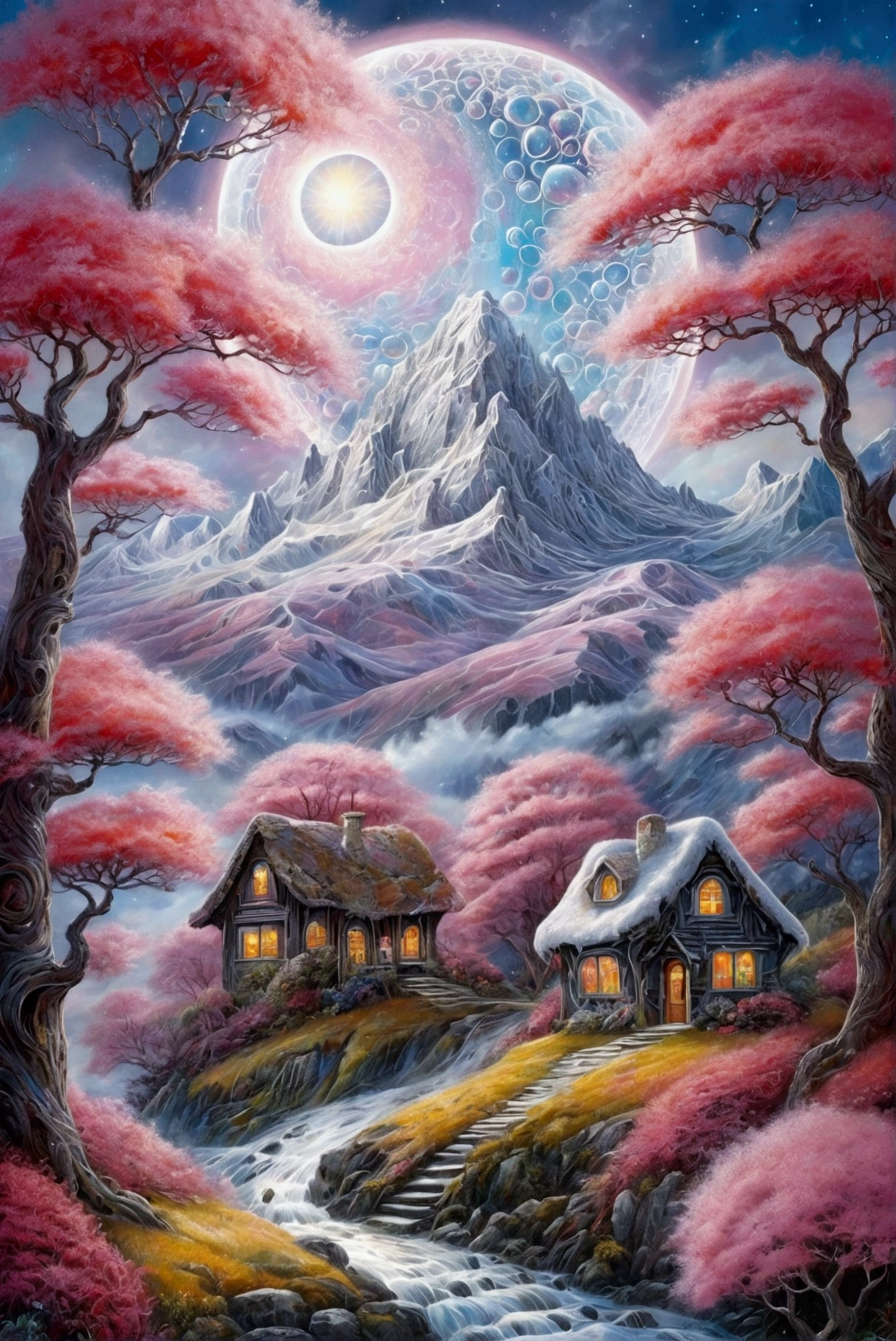 My cute, sweet, kind, beautiful fantasy fairylike pink trees, mountains with snowtops, a lottle red house of wood world intricated in a uneven soap bubble shining in shimmering rainbowshine , outside is a dystopia in grey, black and white, with only weak sunshine like a glimpse by Josephine Wall
