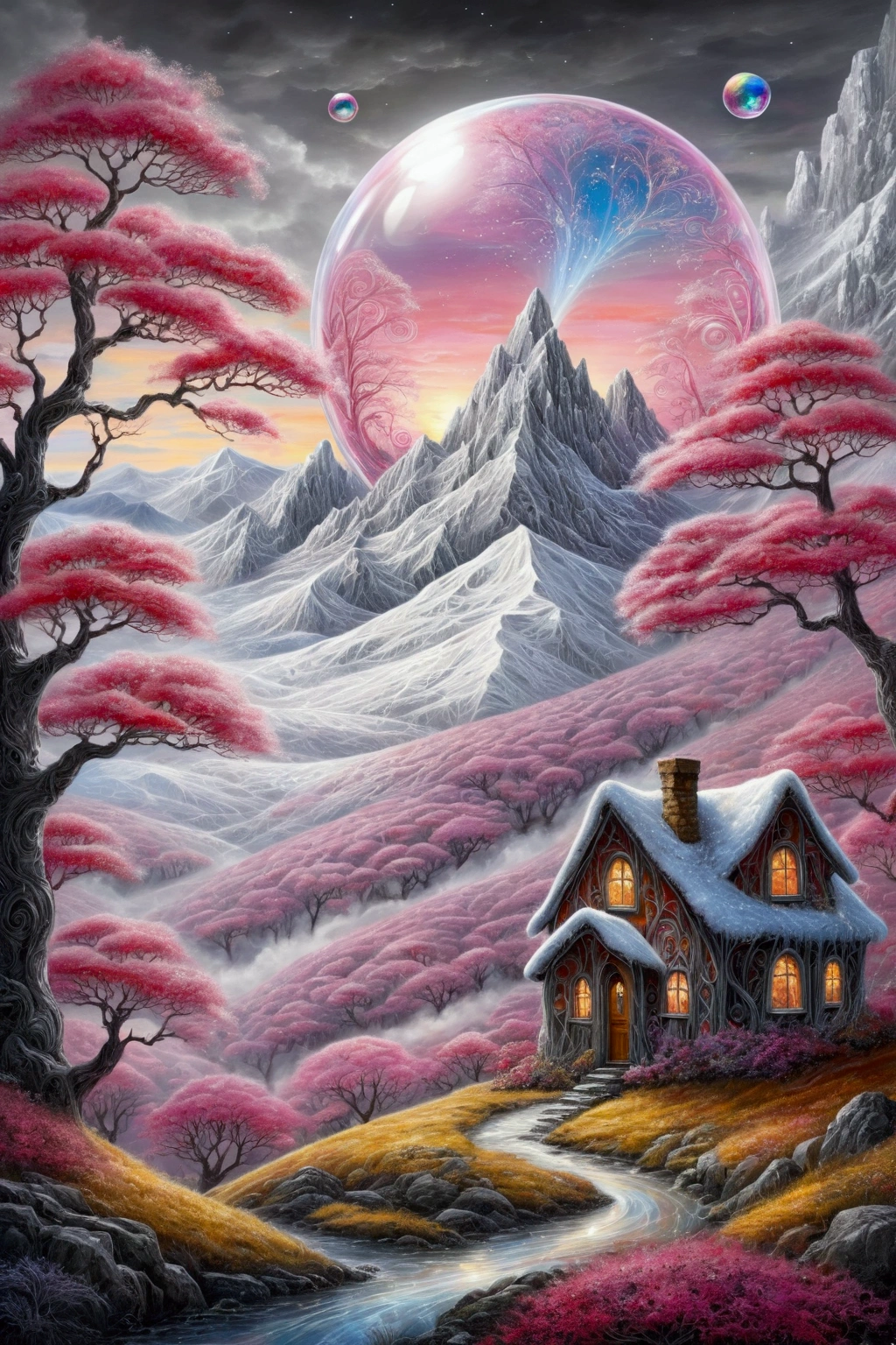 My cute, sweet, kind, beautiful fantasy fairylike pink trees, mountains with snowtops, a lottle red house of wood world intricated in a uneven soap bubble shining in shimmering rainbowshine , outside is a dystopia in grey, black and white, with only weak sunshine like a glimpse by Josephine Wall