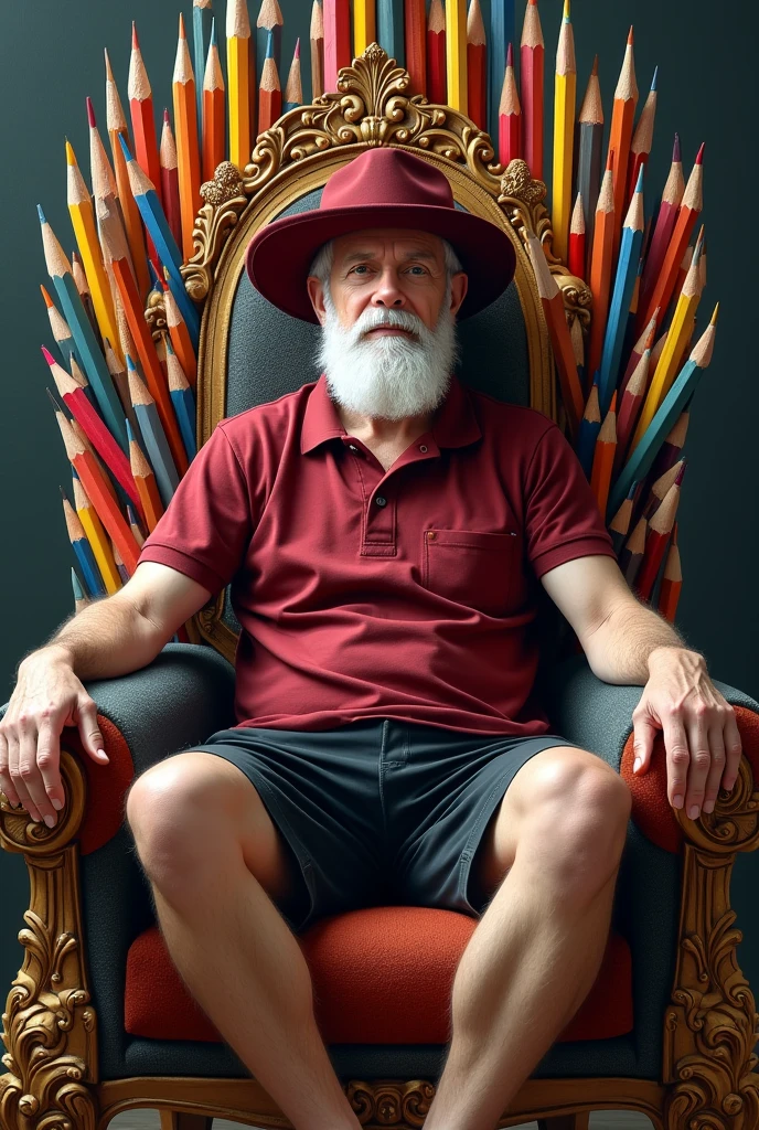 A white royal man sitting on a throne. The throne is made from pencils and pens. He is wearing maroon polo and black school shorts. The image would look like a painting from the 1600s. His crown is a maroon wide brim hat.