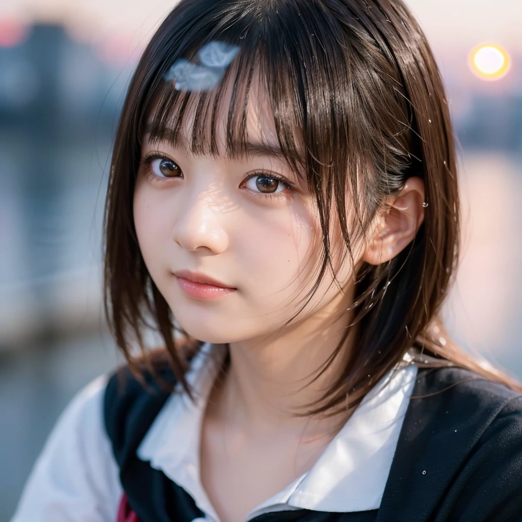 (Highest quality,masterpiece:1.3,Ultra-high resolution),(Very detailed,Caustics,8k),(Realistic:1.4,RAW shooting),18-year-old,Japanese,,Super detailed, Ultra-high resolution,超高精細8k,Highest quality,Very detailed,masterpiece,Realistic,Rich details,Photographic realism,18-year-old,Japanese cute日本の少女,Looking at the camera, Good figure,Rembrandt Lighting, (photoRealistic:1.2), (Highest quality), (Detailed skin:1.3), (Intricate details), Ray Tracing,One person, In detail,real,Scattered beneath the surface,(blush:0.5), Detailed skin texture,Detailed lips,Beautiful Lips, Detailed face、 cute, Black Hair, Long Hair, (Wavy Hair:1.2), (Blunt bangs:1.2),笑顔でLooking at the camera,Sailor suit,forward leaning posture,Waist up shot,(Face Focus:1.1),(Face close-up:1.1),Natural light,Front of face,Sunset