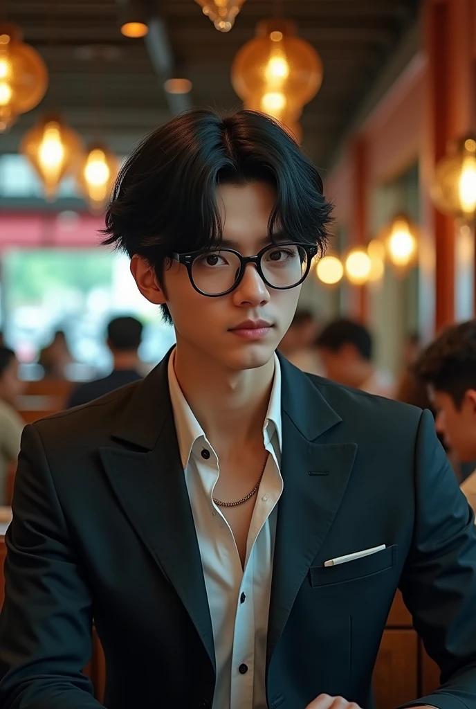 A male character with glasses, straight black hair, a rude mysterious man and semi-elegant clothes, he is not dark-skinned in a non-Korean drawing and with a masculine touch 