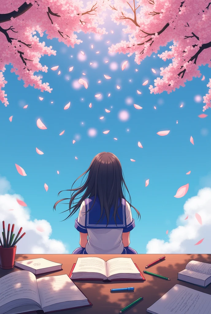 A large amount of cherry blossom petals come out of the head of a girl studying in a sailor uniform.、Scattered illustrations。Composition from above