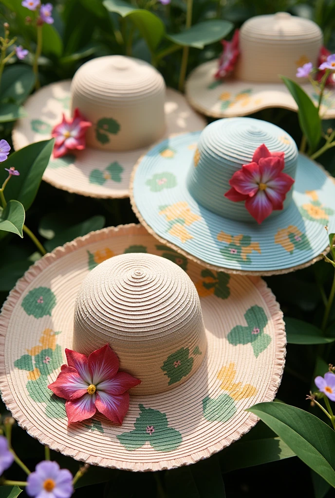 orchid flower printed hats. Stamps on the hat.