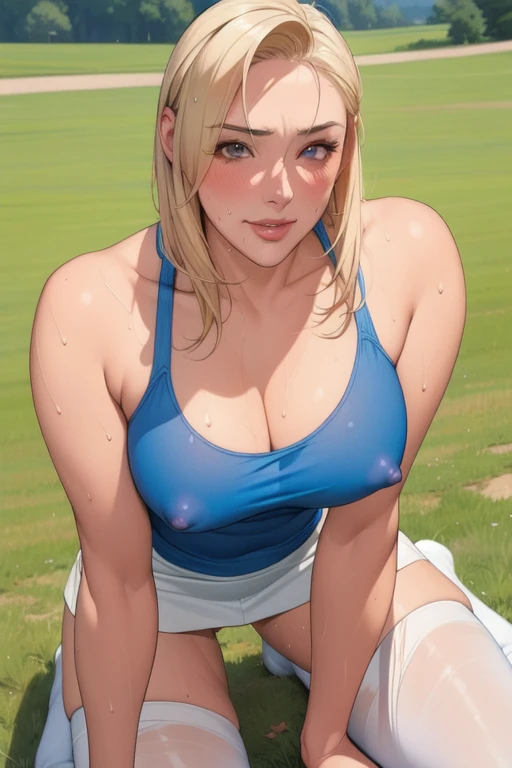 (masterpiece), (best quality), One Cool Adult Womanl, (perfect face:1.2), (beautiful face:1.2), platinum blonde hair, , looking at viewer, pose,
Best Picture, Masterpiece, 4K, High Quality, One cool, mature woman.woman is on all fours in a grassy meadow.( A large dog is holding her back. )Silk underwear. A complete body. Perfect hands and legs. Beautiful body, beautiful legs. Beautiful hands. Perfect body, perfect legs. Perfect hands. Cowboy shot
Woman's sweaty, wet, scantily clad, visible breasts and erect nipples. Sweat is soaking through.
The woman blushes and smiles mischievously.
One cool, mature woman and one big dog. Tank top, hot pants.
(A very short skirt).