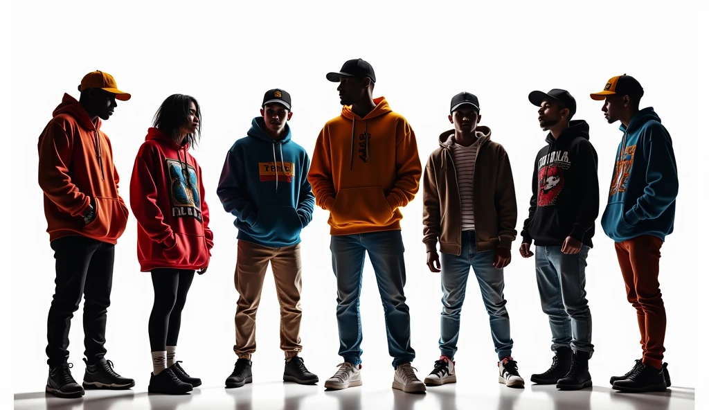 shadow figures of a group of people against a white background wearing hoodies, t-shirts, caps and long sleeve t-shirts, funky style, trendy, some are wearing headphones