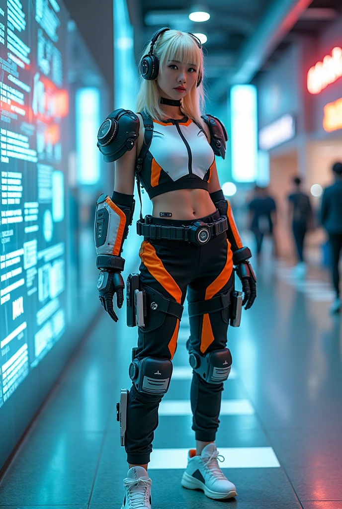 Amidst a holographic scene include display with information about person. the thai-canadian cosplay woman with Blonde hair cascades just past shoulder length. pointed mecha headset. wearing mecha a white top with black and orange accents with Black pants feature white and orange detailing. huge-giant high-Mecha devices are attached to her arms. White sneakers.Various straps and pouches adorn the outfit.