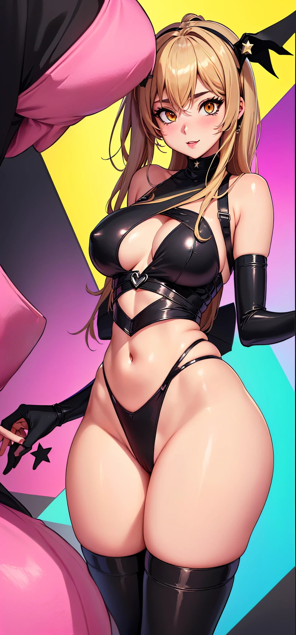 a cartoon picture of a woman in a black outfit and a star, thicc, cutesexyrobutts, oppai cyberpunk, ( ( misa amane # ) ), oc commission, monokini, android 18, misa amane *, commission for high res, lola bunny fanart, ecchi anime style, oppai, anya from spy x family, ((green eyes)), (((character front, side and back view)))