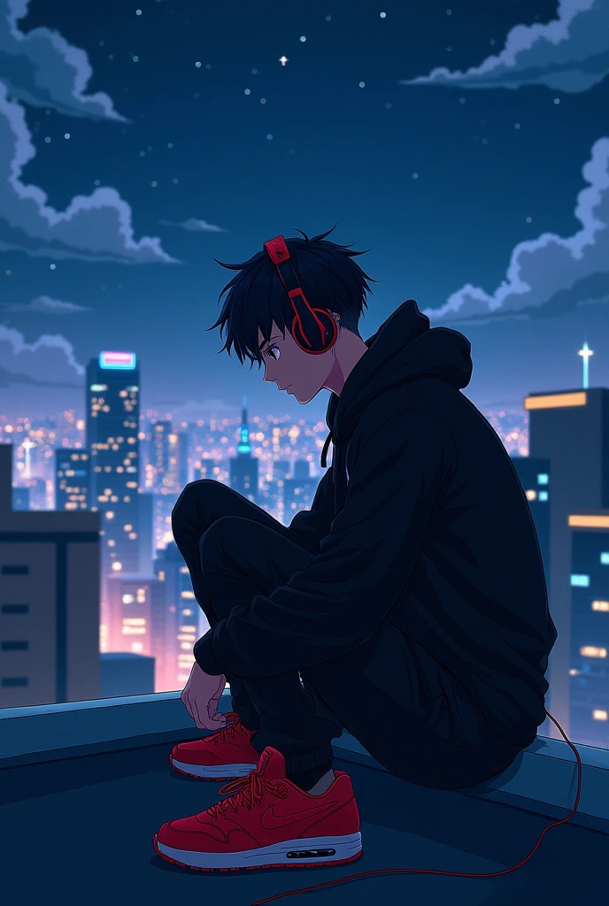 Create me a song cover photo using anime character who is wearing a black hoodie and red nike shoes, listening music with headphone sitting alone on the roof at night. He’s hairstyle is undercut korean haircut. Pic size is 1:1 square