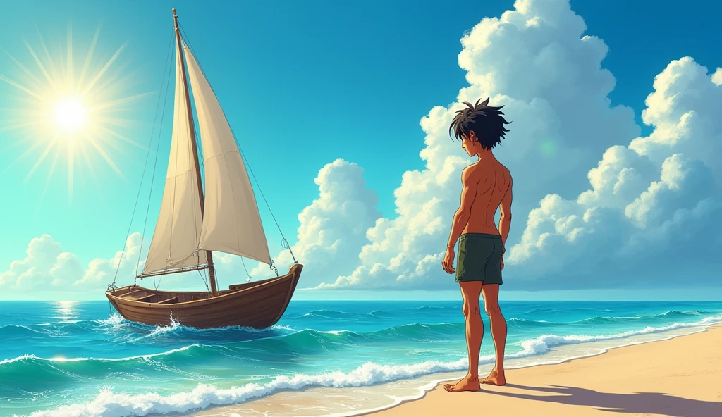 Kai is a lean, wiry teenager with tanned skin from long days spent under the sun. His hair is dark and unruly, A clear morning after the storm, the boy's small boat with a mast now repaired, ready to sail back to his village."**