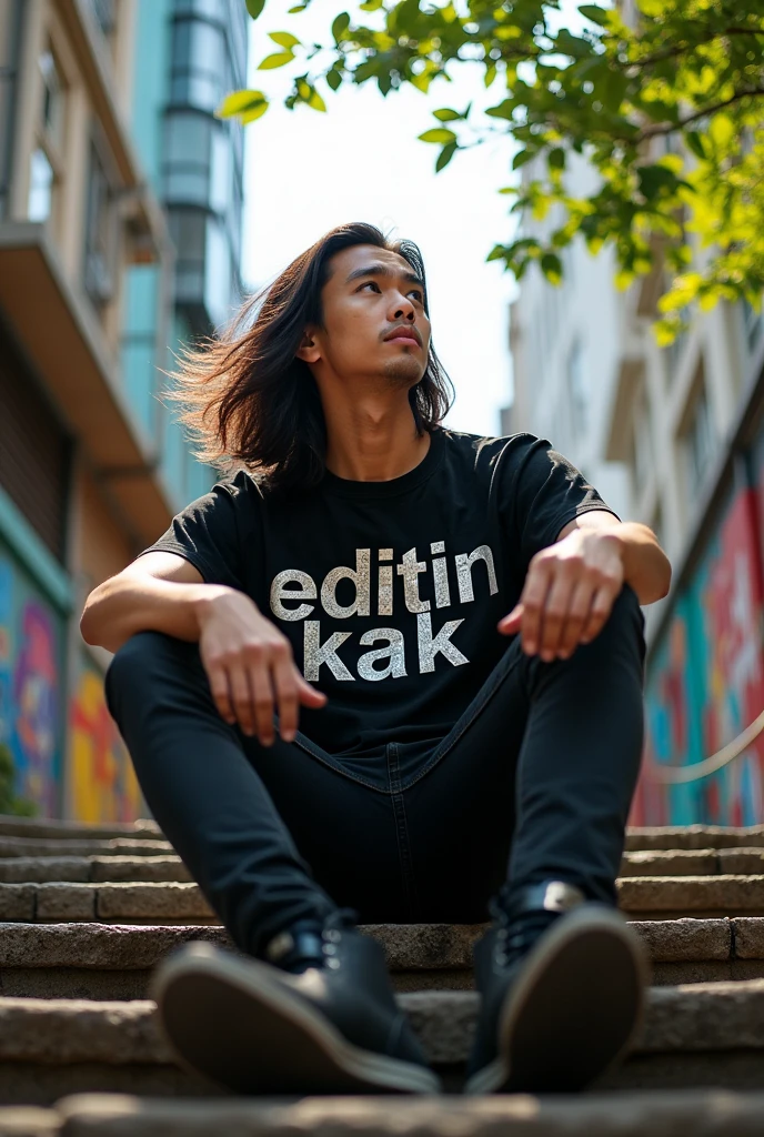 a handsome Asian man aged 25 with long hair, wearing a black t-shirt that says "editin kak" (teks metal style). sitting on the steps. You can see the view around you. The camera is from below