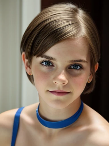Emma Watson:0.9 adolescent tomboy, tomboy pixie cut, blue colored eyes, Scrawny, fine tune, skinny, juvenile, breasts small, tomboy, hourglass figure, Youngh, Youngh, adolescent, adolescentager, 3/4 body, beautiful lighting, breasts small, neckleace, worried smile, 2010s, heavy breasts, posing for the camera, (pale skin), Porcelain Skin, perfect lips, huge lips,