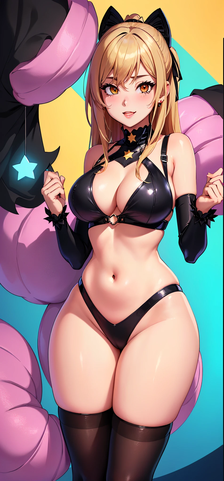a cartoon picture of a woman in a black outfit and a star, thicc, cutesexyrobutts, oppai cyberpunk, ( ( misa amane # ) ), oc commission, monokini, android 18, misa amane *, commission for high res, lola bunny fanart, ecchi anime style, oppai, anya from spy x family, ((green eyes)), (((character front, side and back view)))