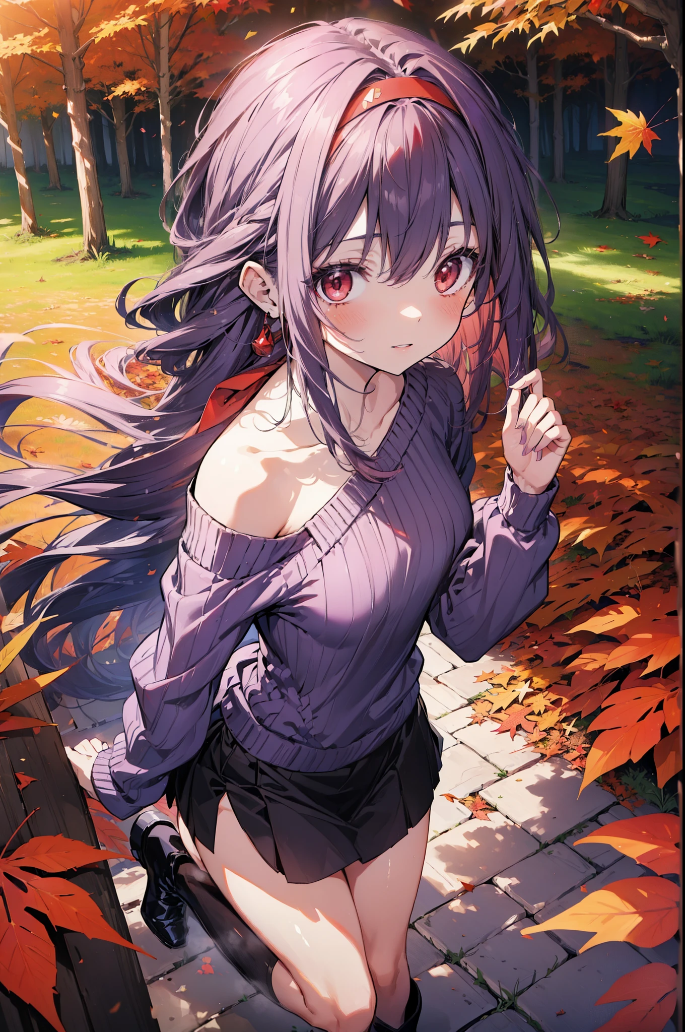 yuukikonno, Yuuki Konno, hair band, Long Hair, Pointed Ears, Purple Hair, Ahoge,(Red eyes:1.5), (Small breasts:1.2), smile,blush,Close your mouth,Purple one-shoulder sweater,mini skirt,Black tights,short boots,Walking,autumn leaves,autumn leaves,scattered,autumn leavesが積もっている,Autumn sky,whole bodyがイラストに入るように,
break looking at viewer, whole body,
break outdoors, garden,forest, nature,
break (masterpiece:1.2), Highest quality, High resolution, unity 8k wallpaper, (figure:0.8), (Beautiful attention to detail:1.6), Highly detailed face, Perfect lighting, Highly detailed CG, (Perfect hands, Perfect Anatomy),