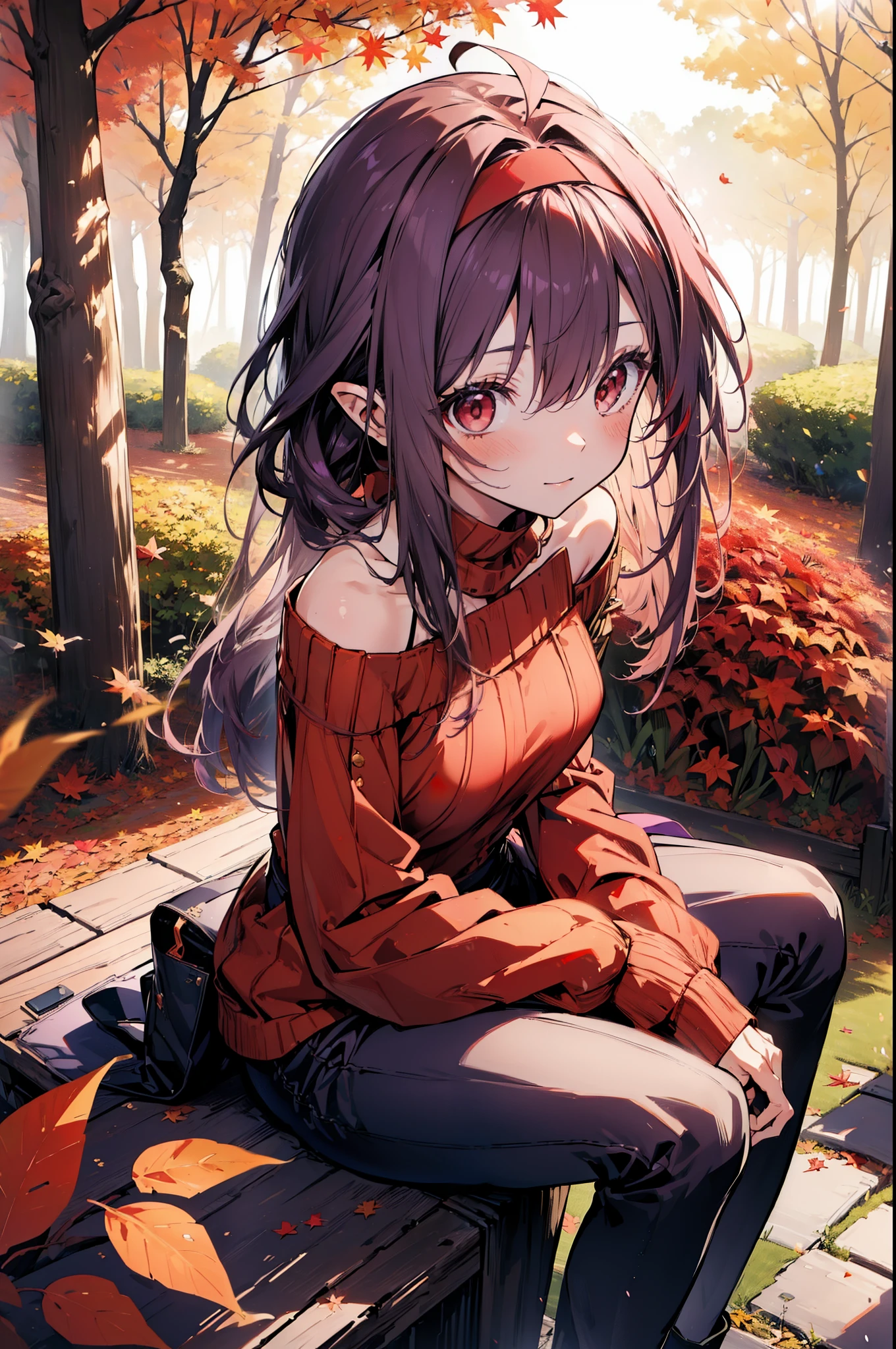 yuukikonno, Yuuki Konno, hair band, Long Hair, Pointed Ears, Purple Hair, Ahoge,(Red eyes:1.5), (Small breasts:1.2), smile,blush,Close your mouth,Purple one-shoulder sweater,mini skirt,Black tights,short boots,Walking,autumn leaves,autumn leaves,scattered,autumn leavesが積もっている,Autumn sky,whole bodyがイラストに入るように,
break looking at viewer, whole body,
break outdoors, garden,forest, nature,
break (masterpiece:1.2), Highest quality, High resolution, unity 8k wallpaper, (figure:0.8), (Beautiful attention to detail:1.6), Highly detailed face, Perfect lighting, Highly detailed CG, (Perfect hands, Perfect Anatomy),