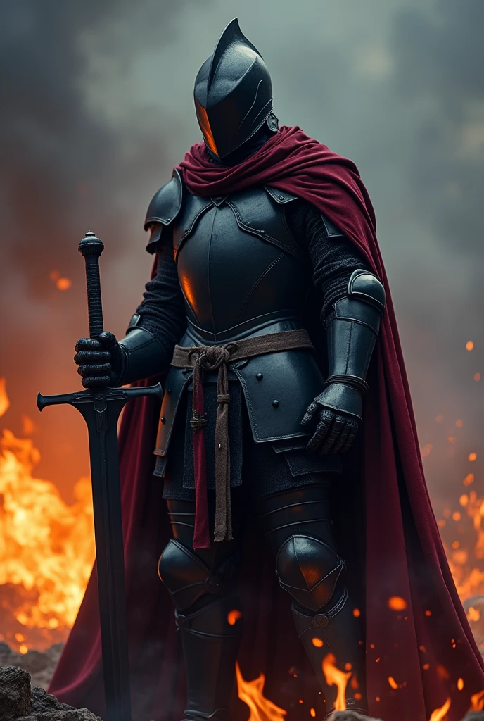 Knight in black armor, with a black sword and shield, on the back is a burgundy cloak. The armor completely covers the body., the helmet completely covers the face. There is a flame around