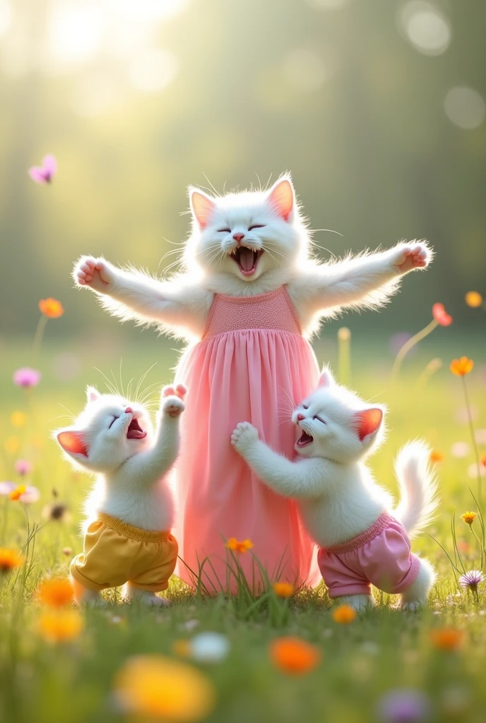 A white kitten in yellow half pant and a white kitten in pink half pant walking laughingly towards tall white cat dressed in  pink Maxie who opens arms happily 