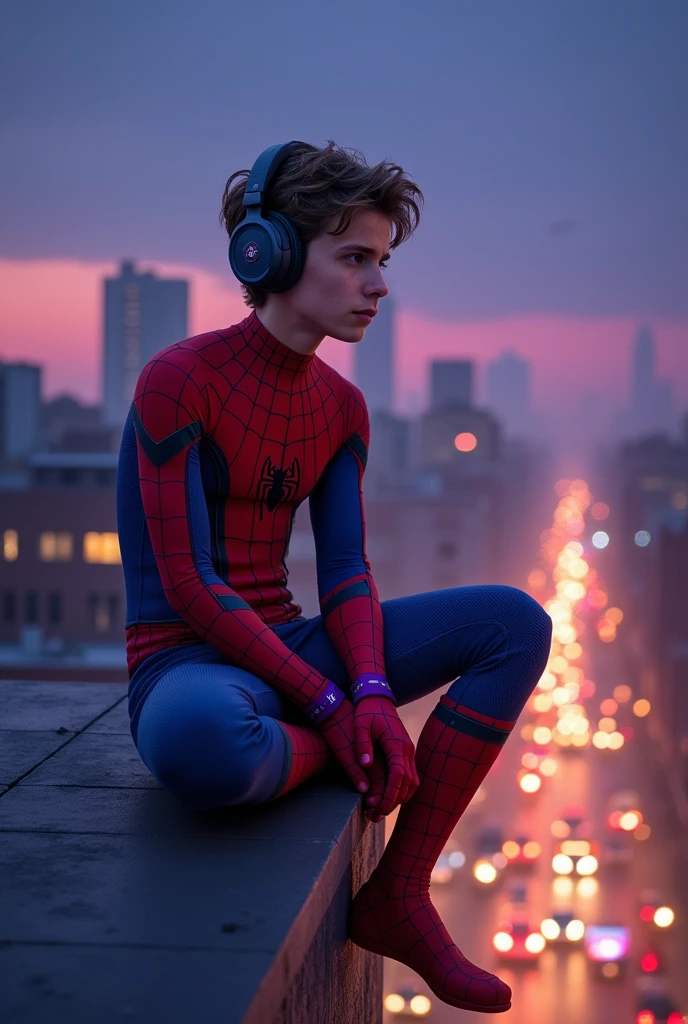spider man, violet, listens to music with headphones