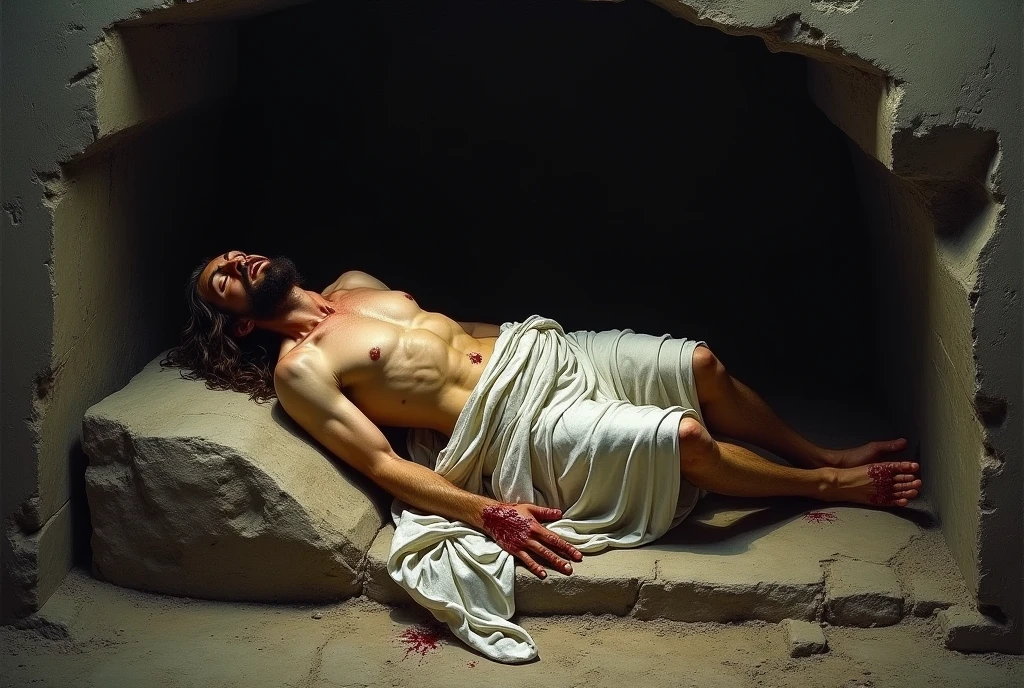 A scene in the painting style of Jan Matejko, showing the body of Jesus lying on his back and placed in the tomb. placed in the tomb. His muscular body is partially covered with a white shroud, and his body bears traces of whipping and torture. Bloody crucifixion wounds are visible on the hands and feet. Visible wound on the left side of the chest. The background is the interior of a stone cave serving as a tomb, whose dark interior is illuminated by a mysterious light creating an interesting chiaroscuro.