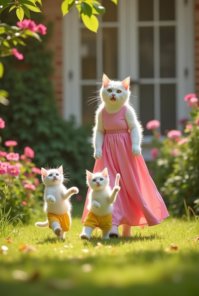 A white kitten in yellow half pant and a white kitten in pink half pant walking laughingly towards tall white cat dressed in pink Maxie who opens arms happily
