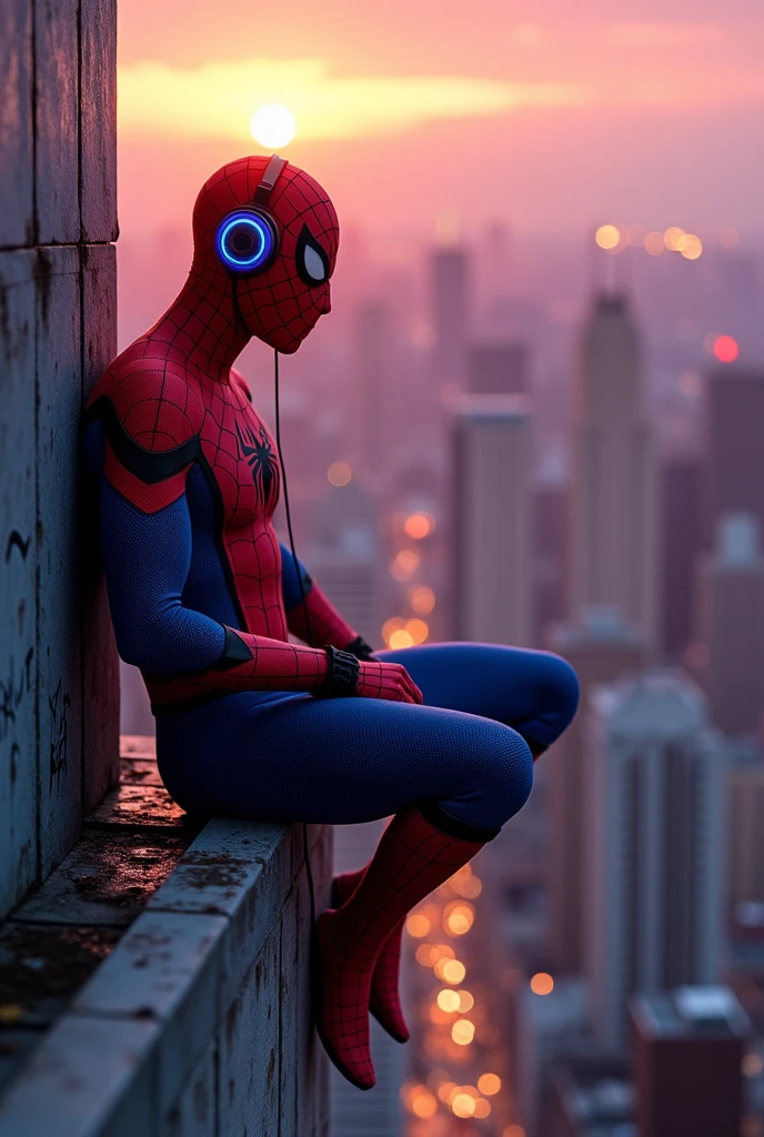 spider man, violet, listens to music with headphones