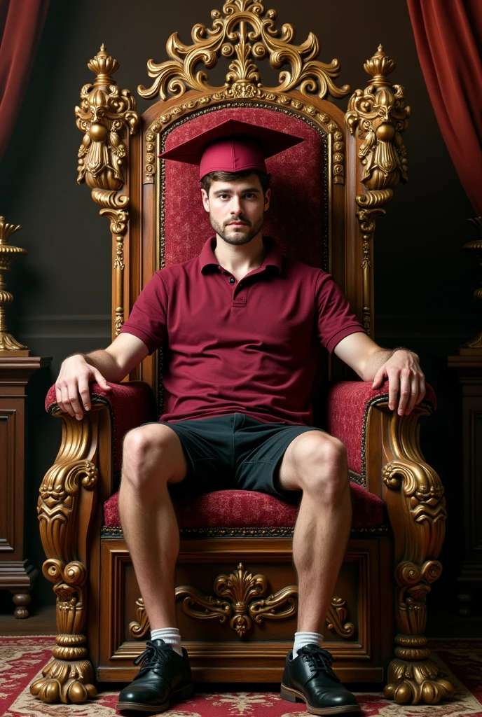 A white royal clean shaven man sitting on a throne. The throne is made from pencils and pens. He is wearing maroon polo and black school shorts. The image would look like a painting from the 1600s. His crown is a maroon wide brim school hat.