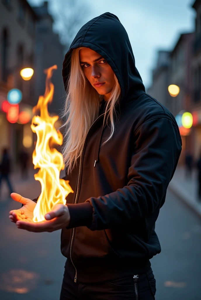A superhero looks like Targaryen. He wear black clothes: cargo pants, hoodie with large hood on his head and gloves without fingers. He has white really long hair and he's young and handsome. He has no beard, no facial hair. With clean face. No wrikless. The hood cover his face in half but he has smile on his face. He has violet eyes. In his hand he's playing with fire between his fingers.