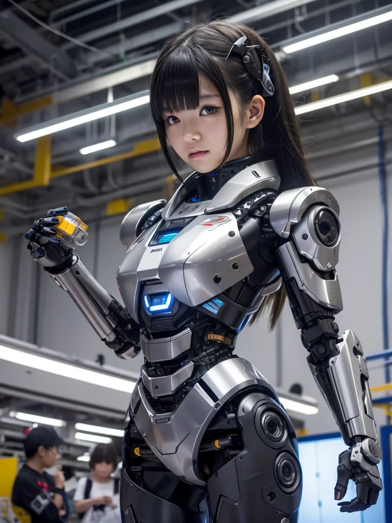 masterpiece, Highest quality, Very detailed, Japaese アンDroid girl,Portraiture,Plump,Thick,Control panel,アンDroid,Droid,Mechanical Hand, robotの腕と脚, Black Hair,Blunt bangs,perfect robot girl,Long tube,A thick cable was attached to her neck.,アンDroid,robot,humanoid,cyborg,japanese cyborg girl ,robot-assembly plant,She is now assembling,Assembly scene,Chubby,