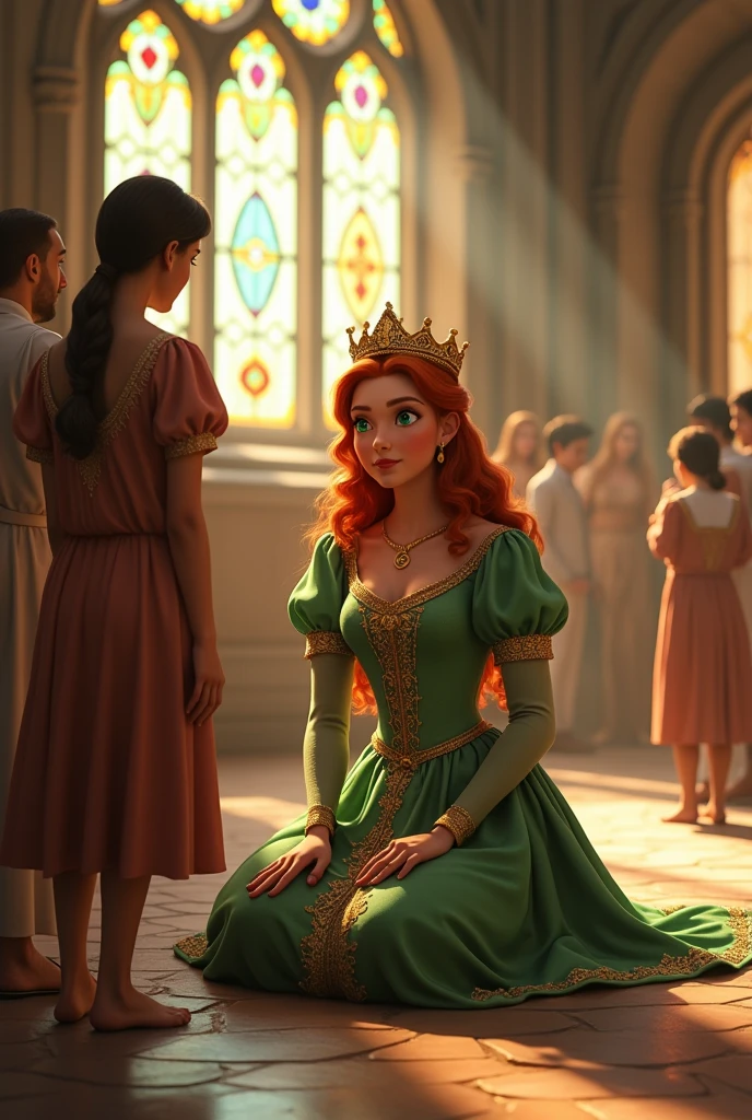 Princess with green eyes in royal looks conversating with sick people  animated 