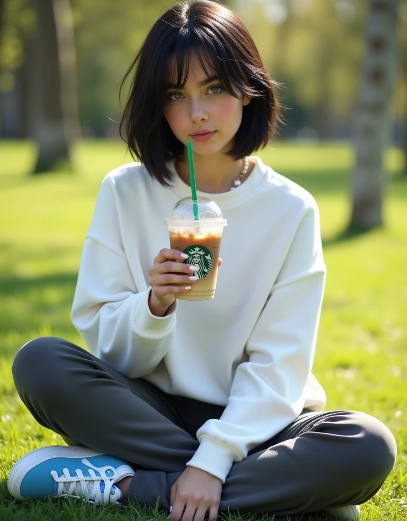 (RAW photo, best quality, masterpiece: 1.2), (photorealistic: 2), (Polish girl, 20 years old, black hair, Light grey eyes, short bob cut, hair in 7 thirds, hair over one ear, Symmetrical eyes, solo, Detailed Skin:1.1), Wearing a white oversized sweatshirt, dark grey pants, light blue and white Nike Jordans, a small pearl necklace, sitting Indian style on the grass, drinking a Starbucks latte from a clear cup with a green straw, sunny, gel nails, smiling