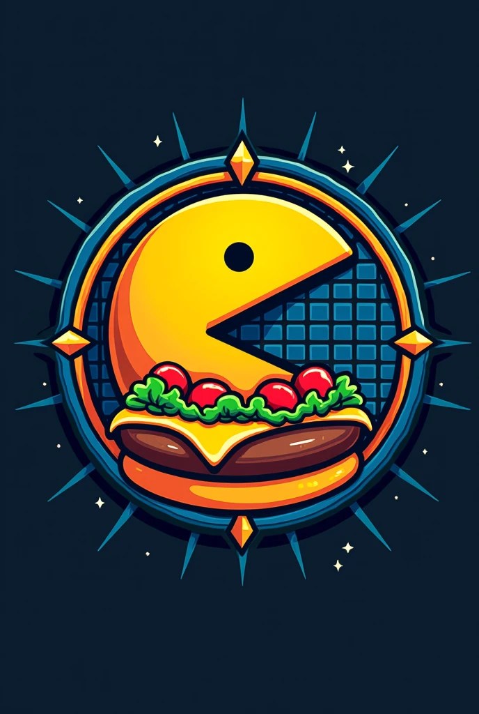 Pac man fused with a hamburger made into a logo