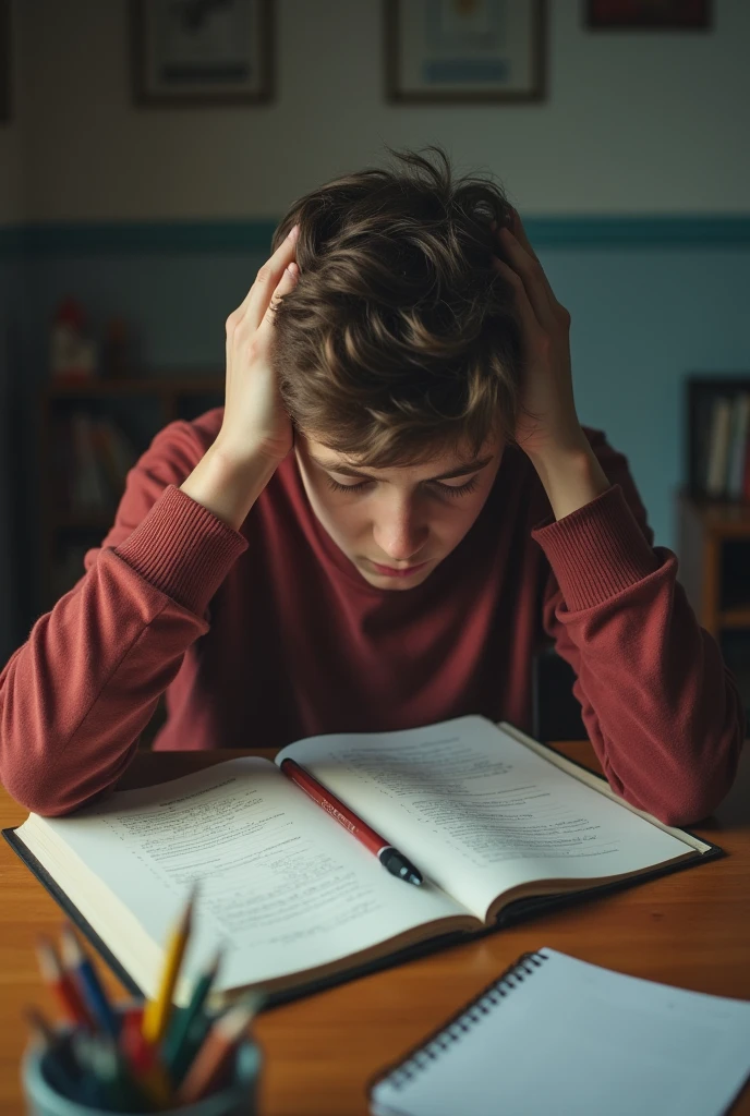 age boy, sitting in study table, depressed, image is from above