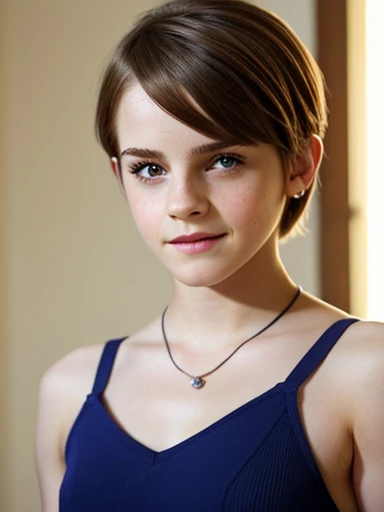 Emma Watson:0.9 adolescent tomboy, tomboy pixie cut, blue colored eyes, Scrawny, fine tune, skinny, juvenile, breasts small, tomboy, hourglass figure, Youngh, Youngh, adolescent, adolescentager, 3/4 body, beautiful lighting, breasts small, neckleace, worried smile, 2010s, heavy breasts, posing for the camera, (pale skin), Porcelain Skin, perfect lips, huge lips,