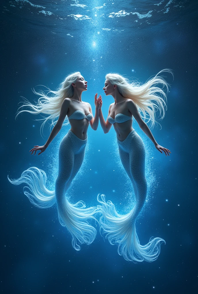 Pisces, twin gods (mermaids), one is thinking, the other is playing, mirroring, with their fingers tightly clasped together, in a blue and white star field, emitting a blue and white light all over, sparkling with ripples