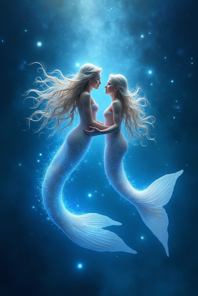 Pisces, twin gods (mermaids), one is thinking, the other is playing, mirroring, with their fingers tightly clasped together, in a blue and white star field, emitting a blue and white light all over, sparkling with ripples