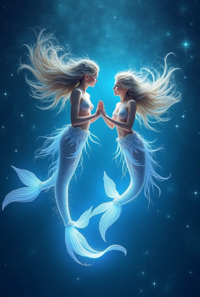 Pisces, twin gods (mermaids), one is thinking, the other is playing, mirroring, with their fingers tightly clasped together, in a blue and white star field, emitting a blue and white light all over, sparkling with ripples