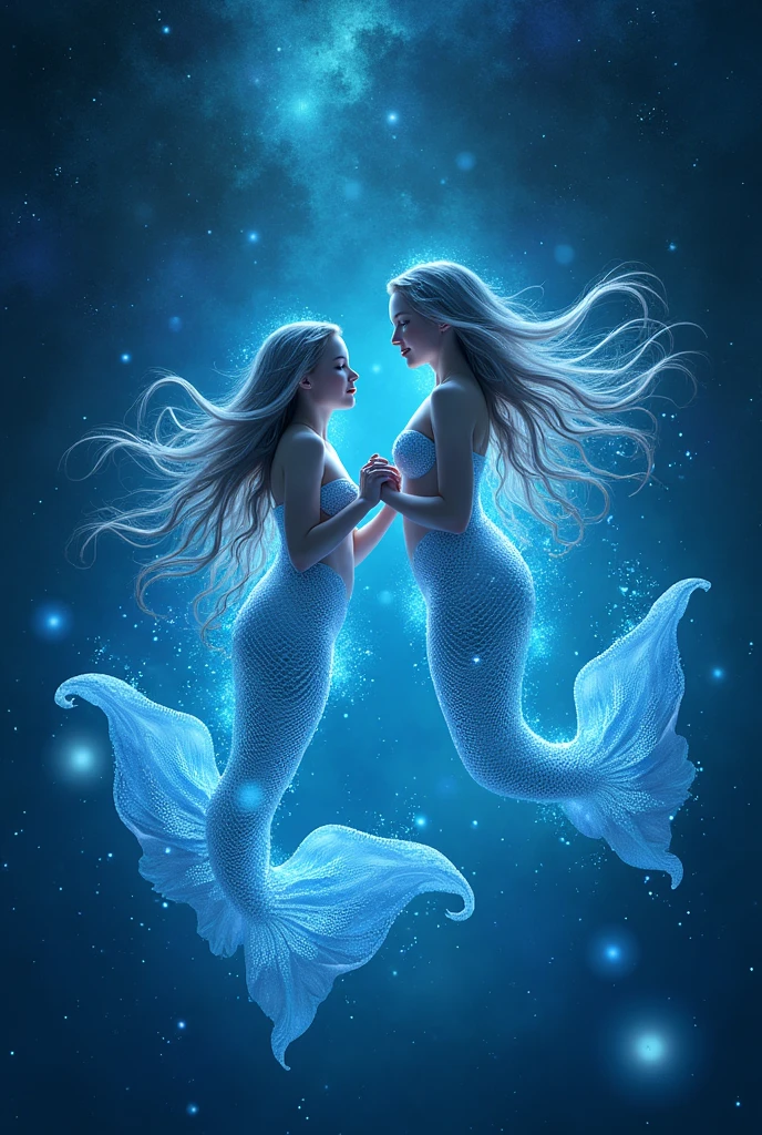 Pisces, twin gods (mermaids), one is thinking, the other is playing, mirroring, with their fingers tightly clasped together, in a blue and white star field, emitting a blue and white light all over, sparkling with ripples