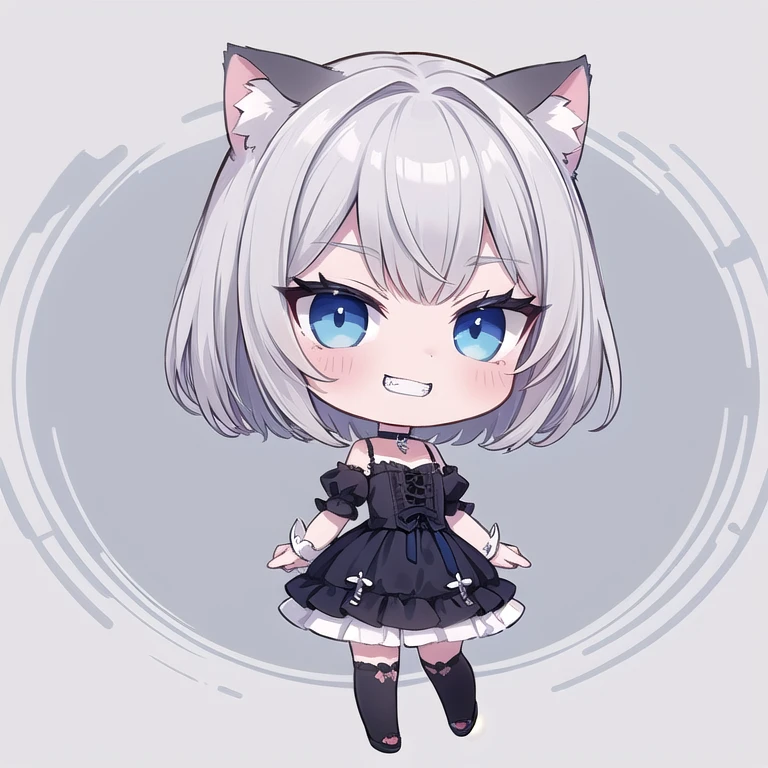 (One person), cute, ((Chibi Character)), (Gothicta:1.2), (Arms at your sides:1.3), (White cat ears), choker, ((Gray Hair)), Short Wolf Cut, Blue Eyes, (evil grin:1.3), (Gothic Makeup:1.2), Full Body Shot, ((Highest quality)), ((masterpiece)), (detailed), Perfect Face, Perfect Arms, Perfect hands, Perfect Fingers, anime, Ultra-fine illustration,