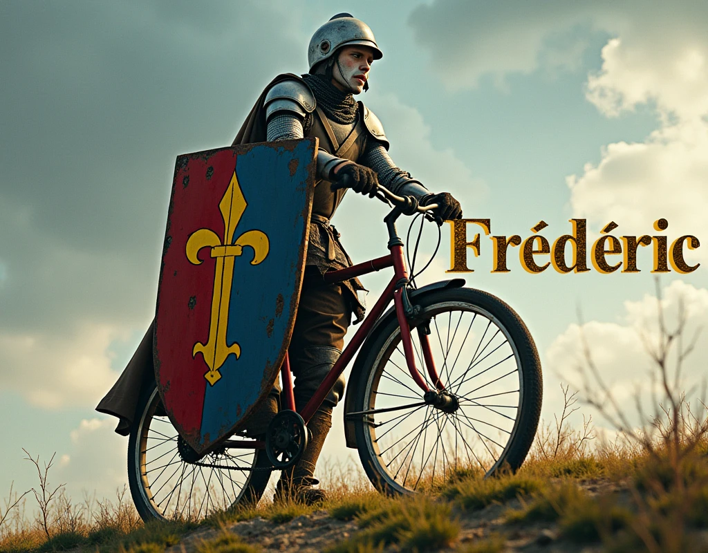 A movie poster depicting a man on a classic old bicycle, with a (large blue and red shield with coat of arms thin vertical yellow sword painted upwards between 2lily flowers), damaged by fighting. wearing medieval battered chain mail, helmet, gloves, very battle-damaged, blue and red coat of arms. He has white pale skin and exhausted face and sweat. He's on a hill with the words "Frédéric" written in large golden letters in the foreground.