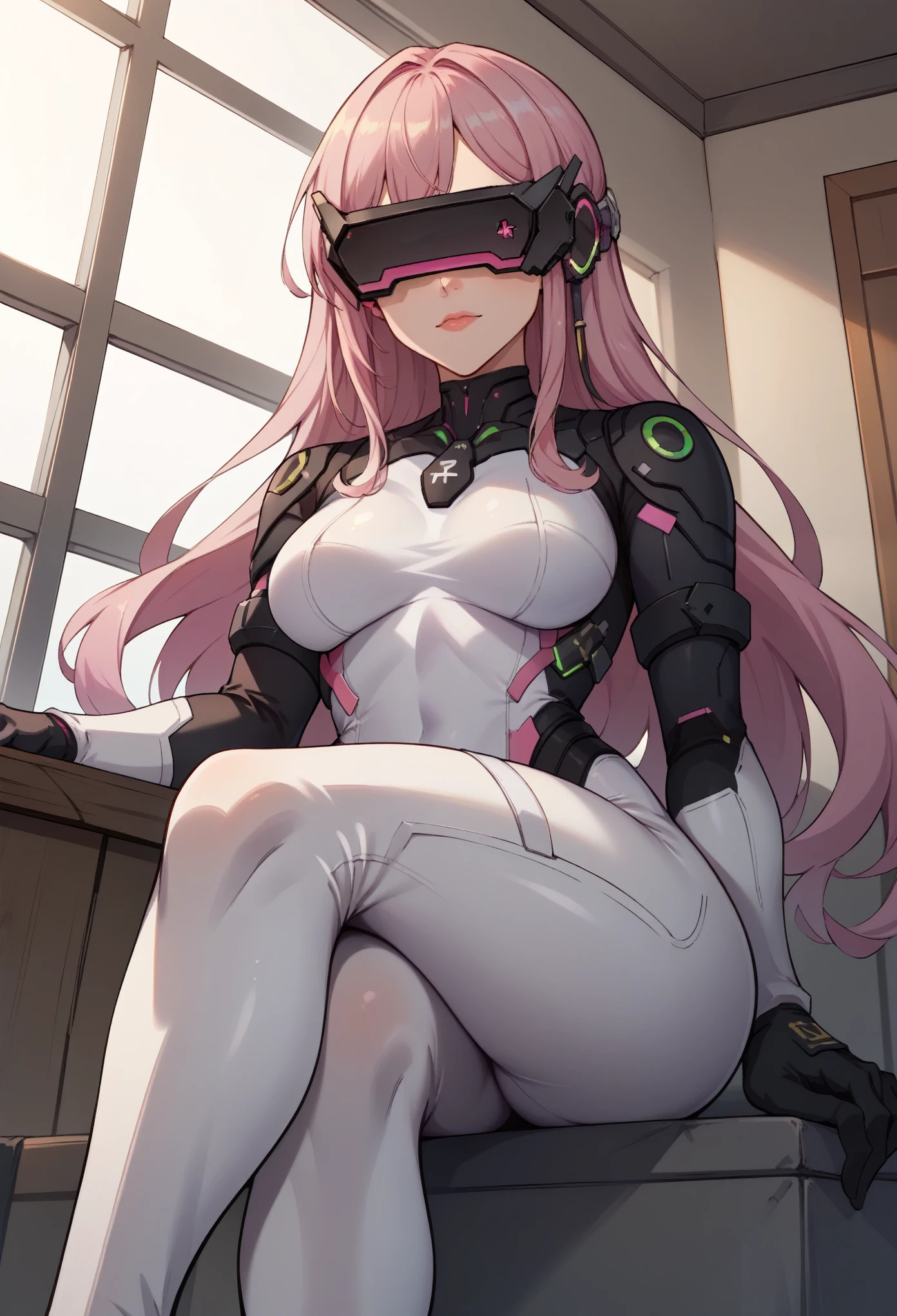 score_9, score_8_up, score_7_up, source_anime BREAK 1girl, solo,mssprd, head-mounted display, covered eyes, pink hair, long hair, white bodysuit, indoors, sitting,crossed legs,below view