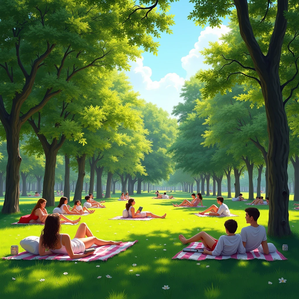 Park, lawn, there are trees in the background, people europeans, lie and sit on the grass, I read books, Rest, laziness, holiday