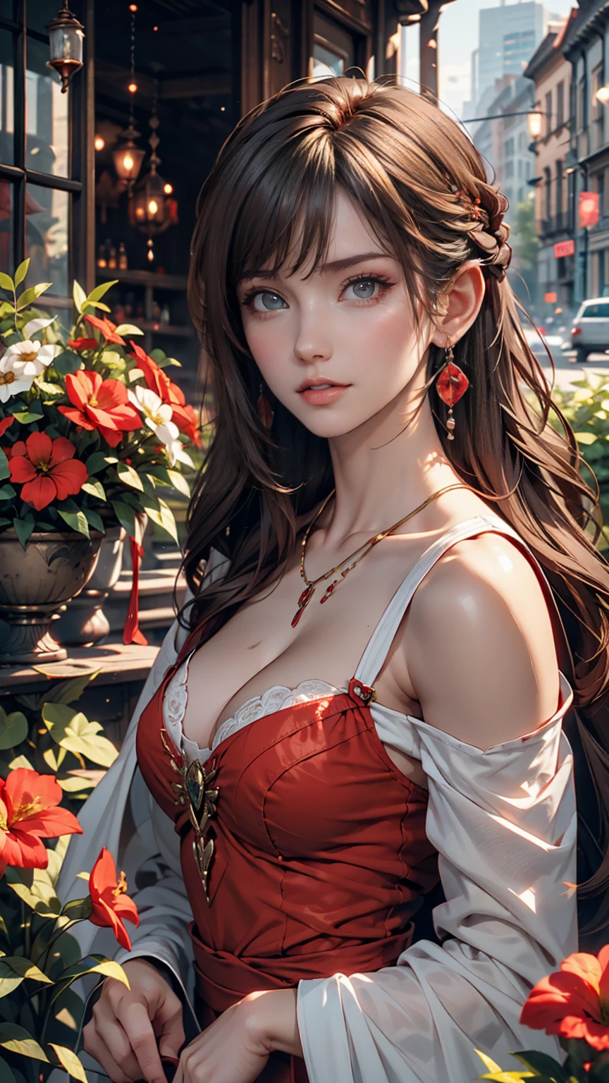 Gray-haired woman, Grey Eyes, Royalty, Red dress, Red Jewelry, Red earrings, Lunar, noble, Lady, high quality, Very detailed, Detailed face, masterpiece, city, Drinking tea, garden, Flowers, Light