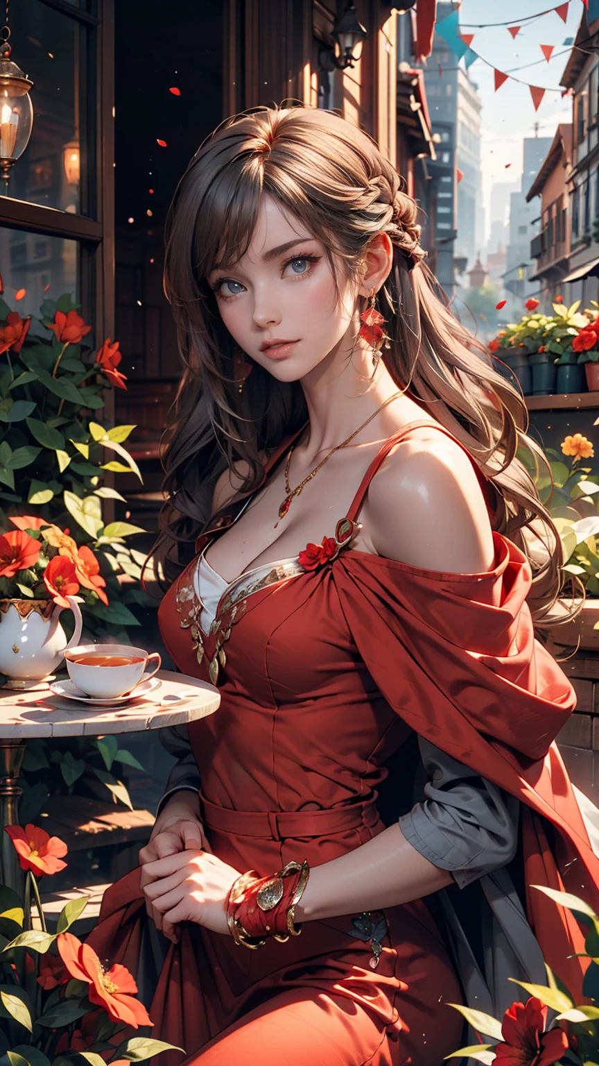 Gray-haired woman, Grey Eyes, Royalty, Red dress, Red Jewelry, Red earrings, Lunar, noble, Lady, high quality, Very detailed, Detailed face, masterpiece, city, Drinking tea, garden, Flowers, Light