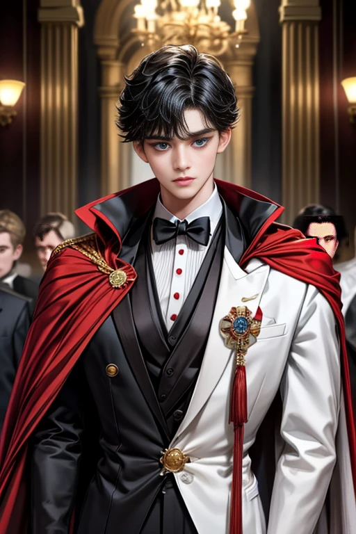 masterpiece, 最high quality, high quality, 1 boy, alone, Male focus, Upper Body,Watching the audience, Messy black hair, Adorable big blue eyes, White, Noble, Noble,A black and red cape that is bursting with sexy volume、Tuxedo、A very voluminous, large, very large, very large, long, long red and black cape with a high stand-up collar, made of a lot of fabric that reaches down to the floor., ,cute beautiful,Cute, cute, kind, handsome guy
