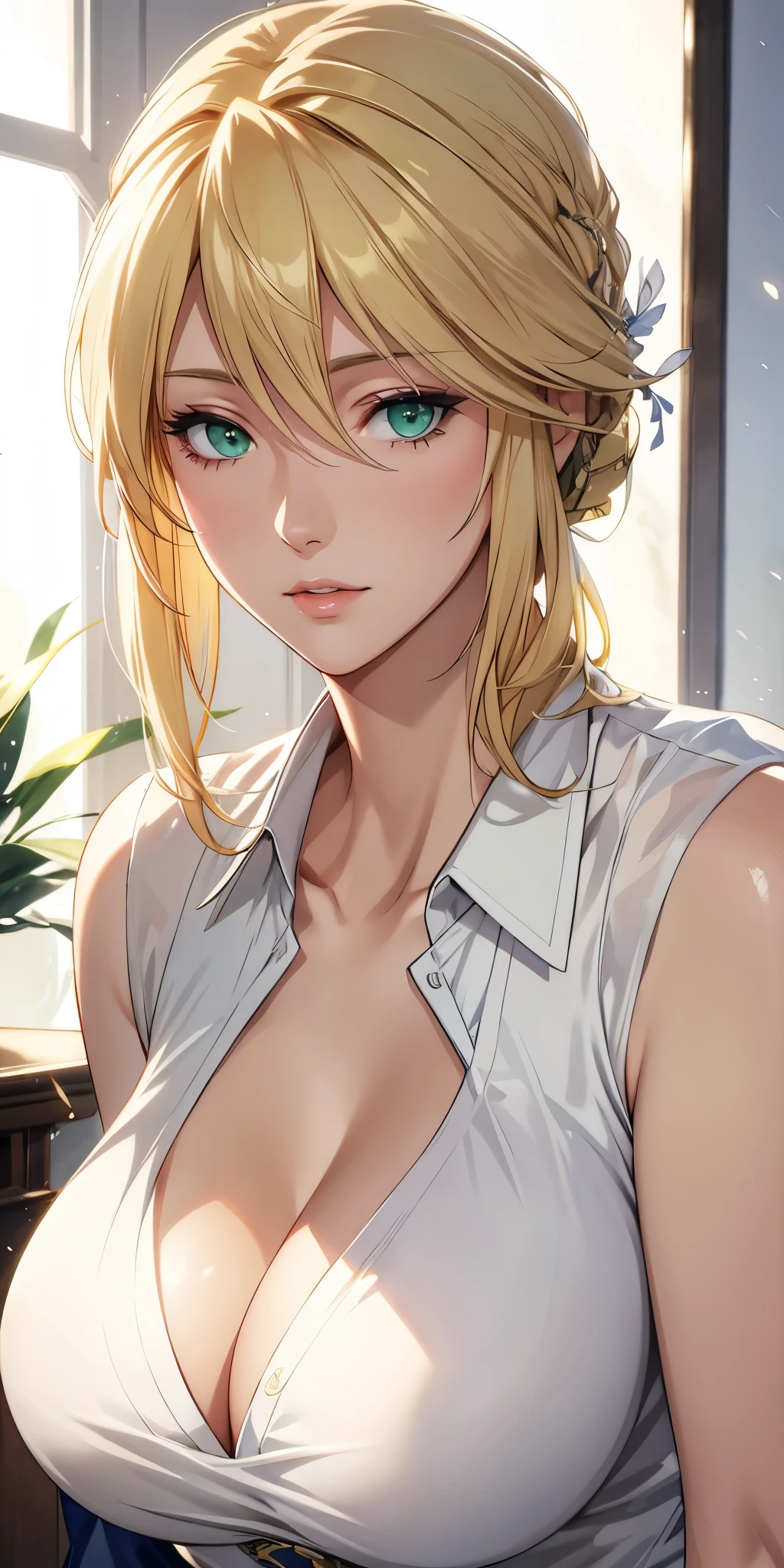 Elegant mature female, artoria pendragon, green eyes, blonde hair, soft light, high detailed, 4k resolution, high quality, beautiful cg,