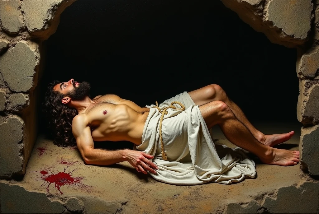 A scene in the painting style of Jan Matejko, showing the body of Jesus lying on his back and placed in the tomb. placed in the tomb. His muscular body is partially covered with a white shroud, and his body bears traces of whipping and torture. Bloody crucifixion wounds are visible on the hands and feet. Visible wound on the left side of the chest. The background is the interior of a stone cave serving as a tomb, whose dark interior is illuminated by a mysterious light creating an interesting chiaroscuro.